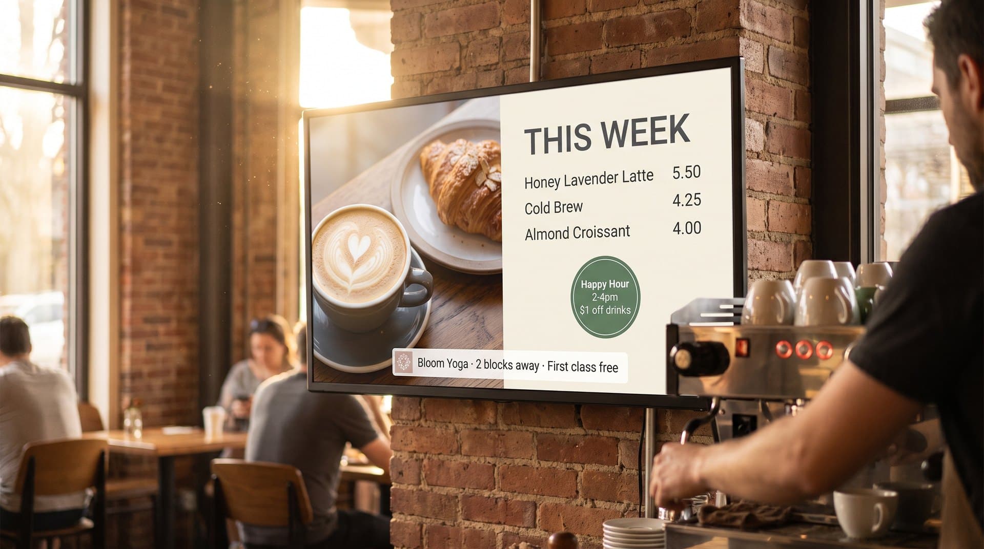 Cafe screen with this week's specials and a local yoga studio ad card
