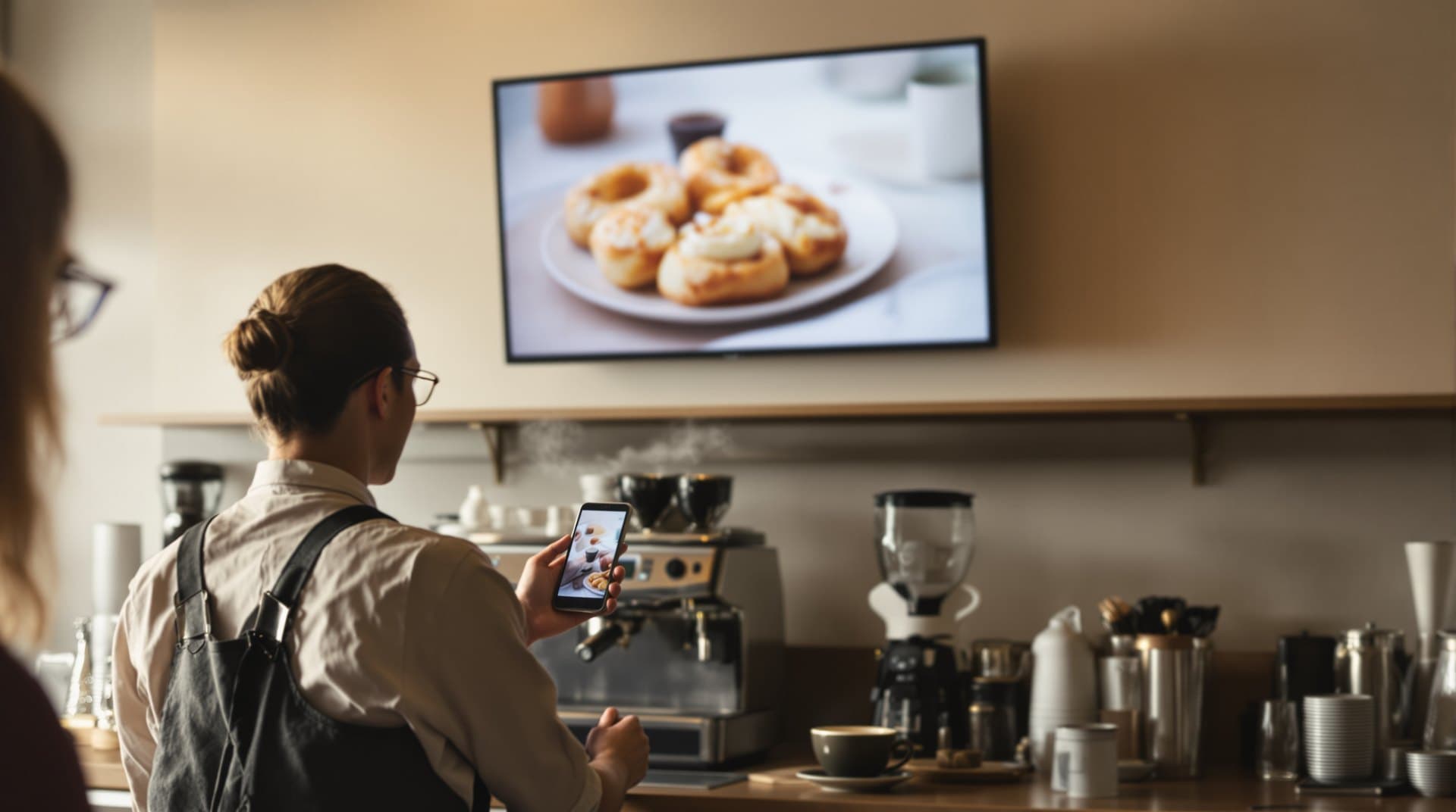 Cafe owner updating the specials board from a phone behind the counter