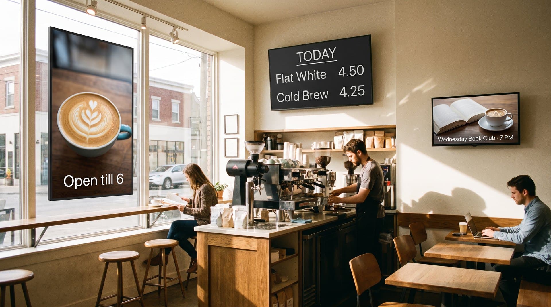 Coffee shop with three screens showing different content: window, menu board, and seating area