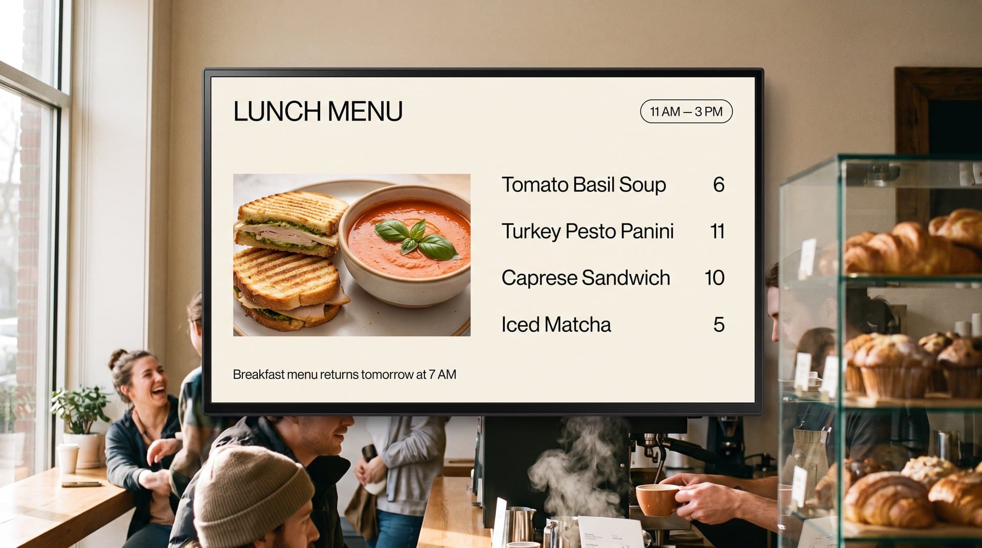 Cafe screen showing the lunch menu that switched over automatically at 11 AM