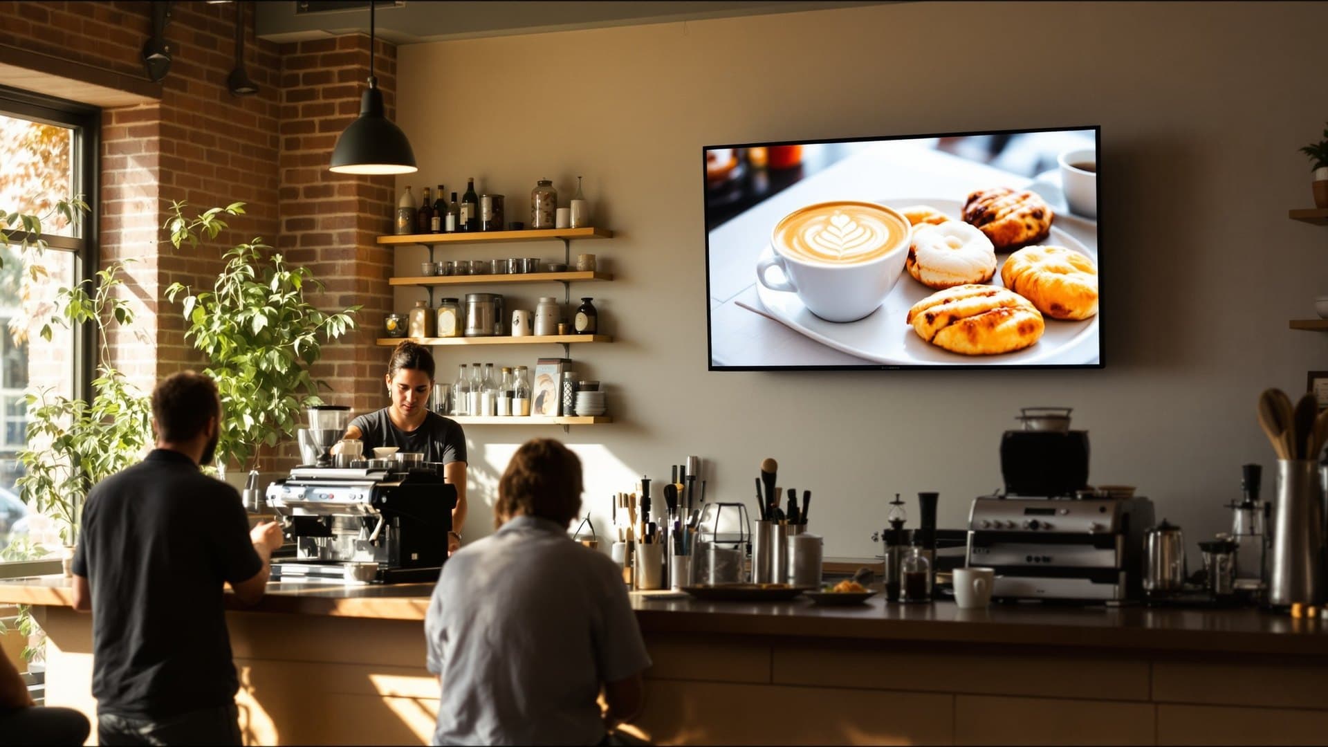 Coffee shop counter with a PiAds menu board above the espresso machine