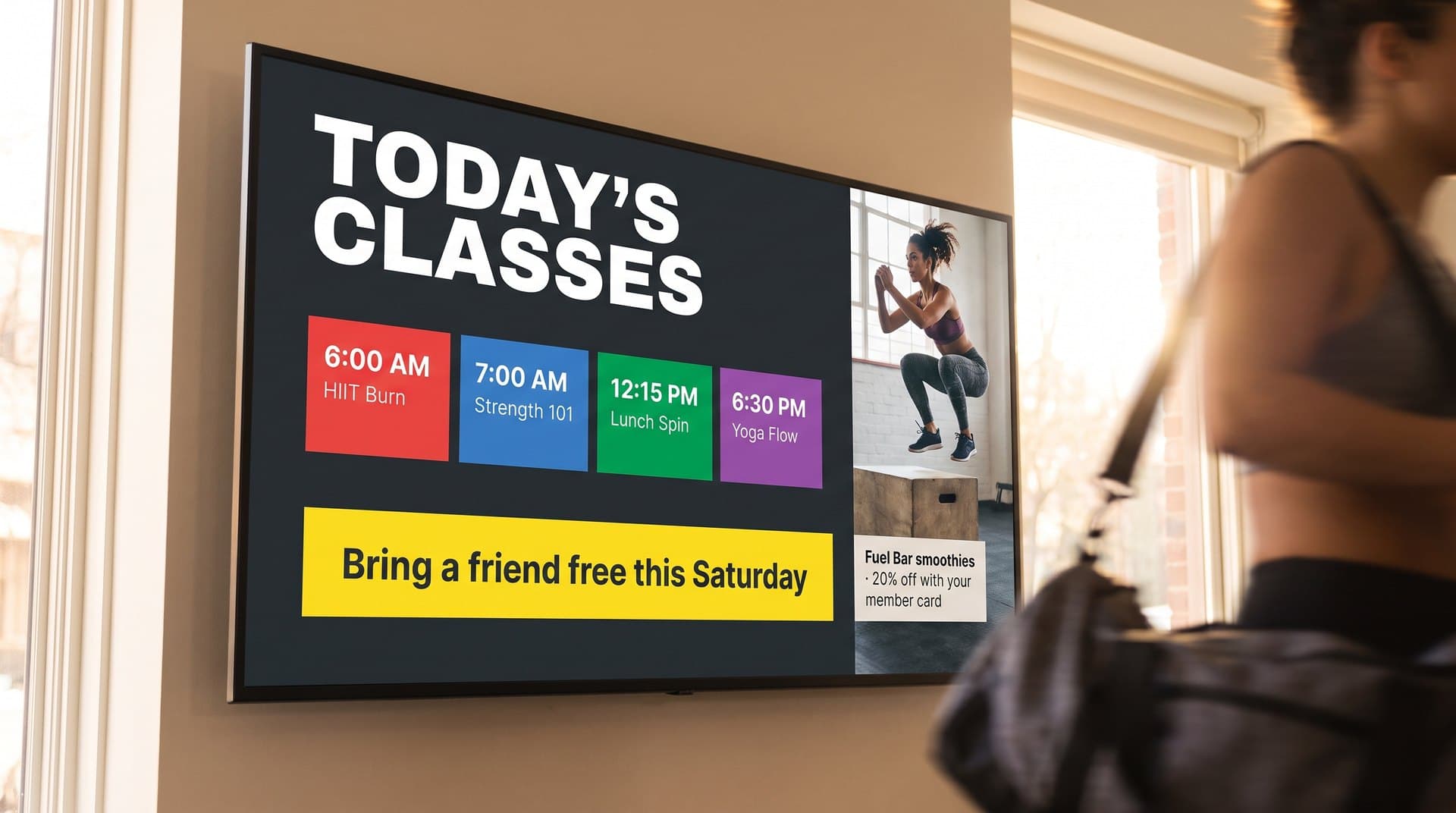Close-up of a gym screen with today's classes and a bring-a-friend promo