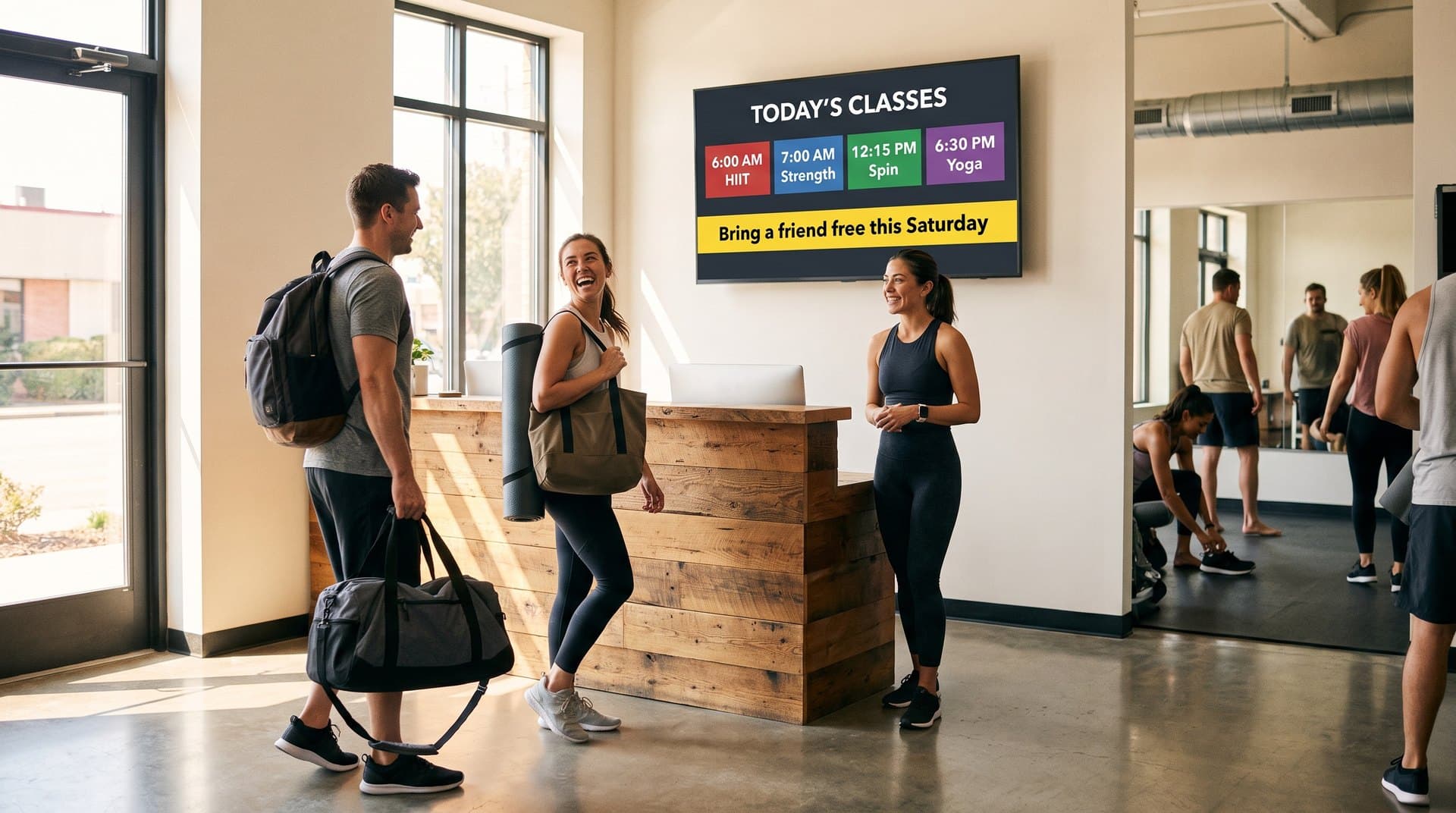 Gym lobby with a PiAds screen showing today's class schedule