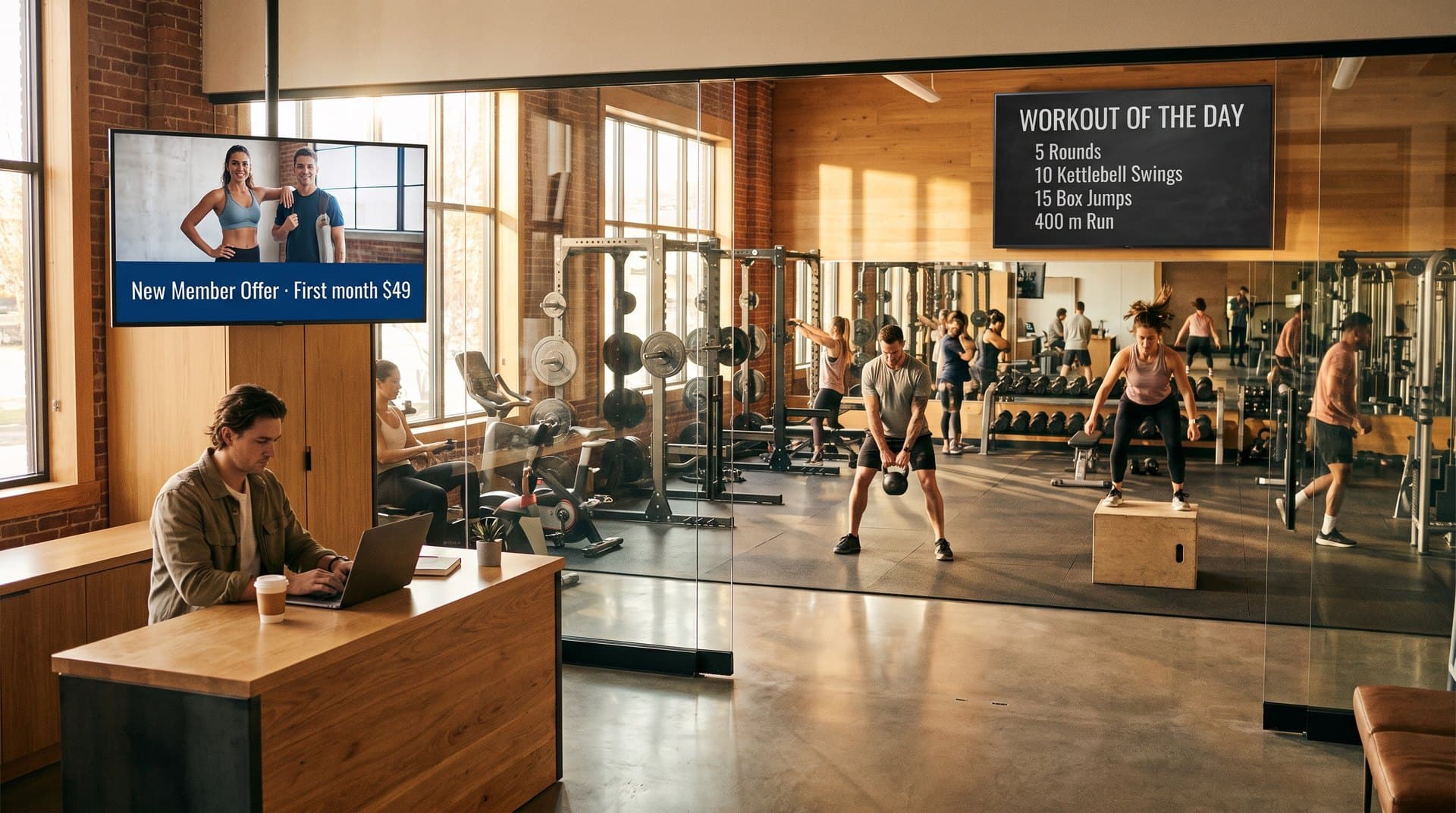 Gym with a lobby screen and a training-floor screen showing different content