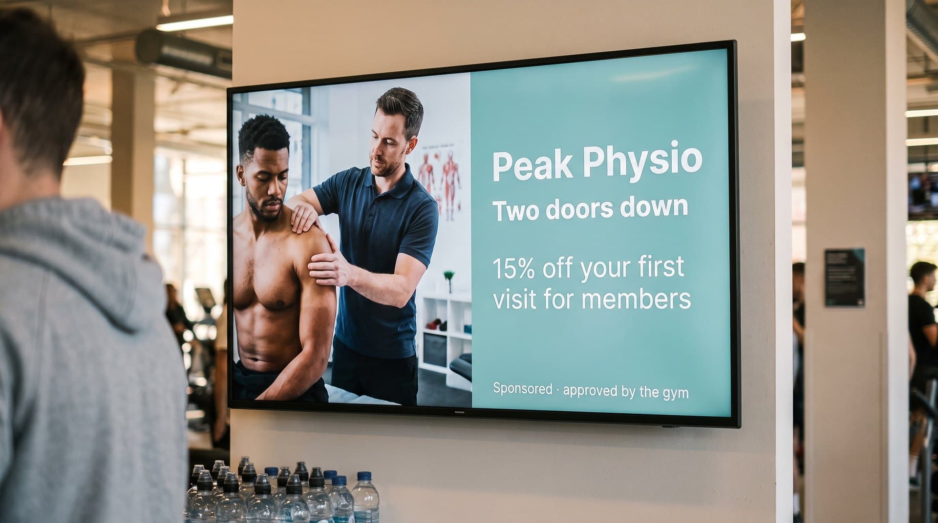 Gym screen running an approved local physio sponsor slot