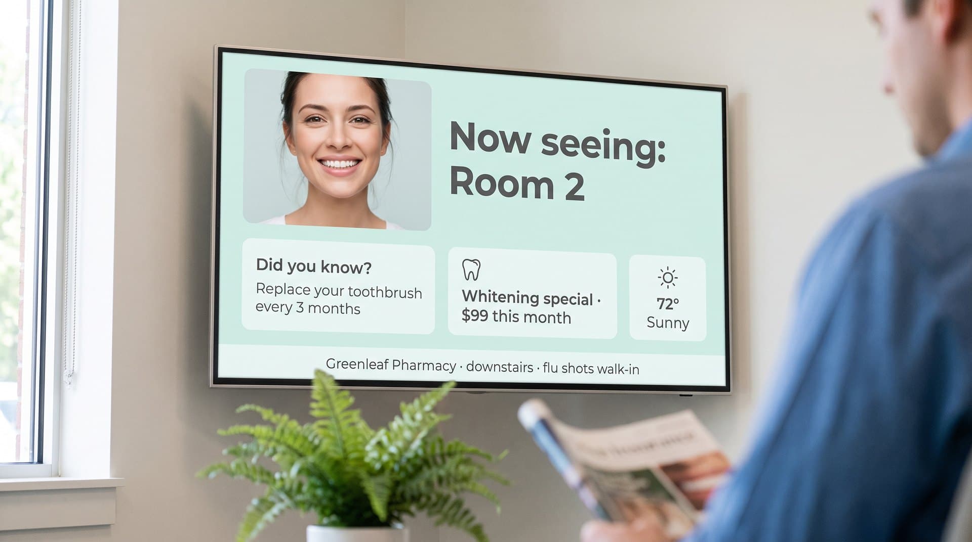 Waiting-room screen with a now-seeing notice and a trusted local pharmacy card