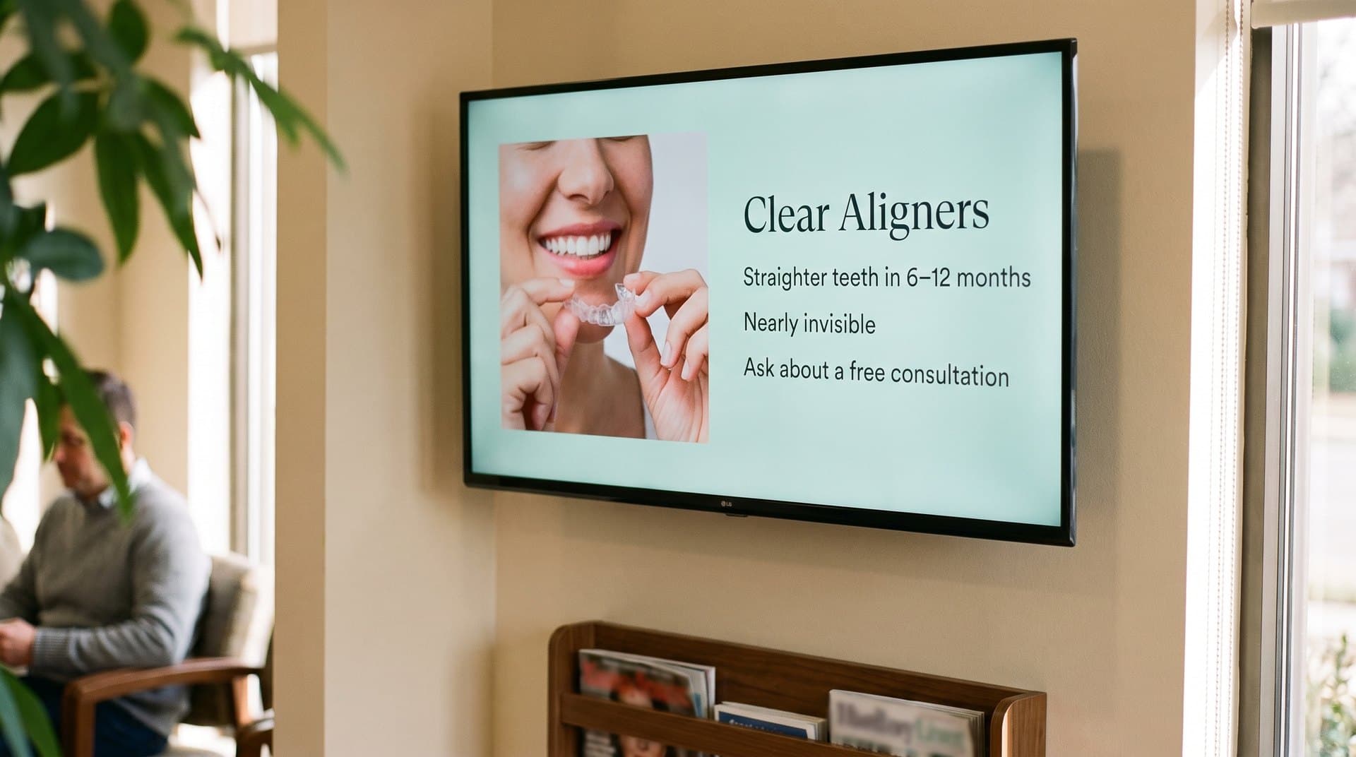 Waiting-room screen explaining clear aligners