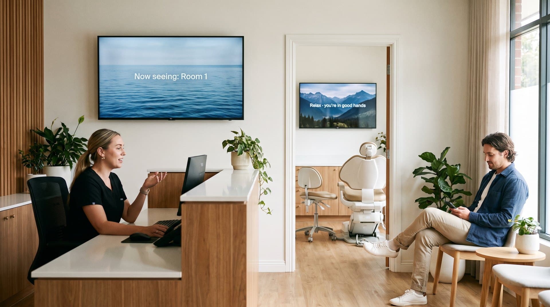 Dental practice with a waiting-room screen and a hygiene-bay screen