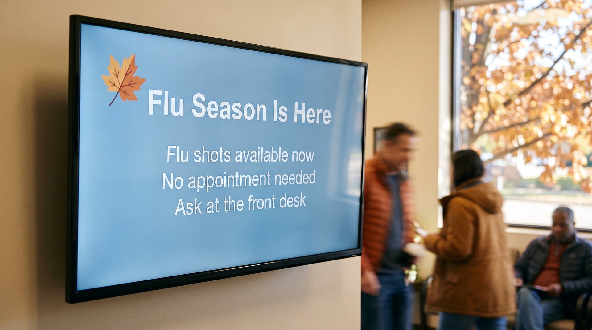 Waiting-room screen with a flu-season reminder
