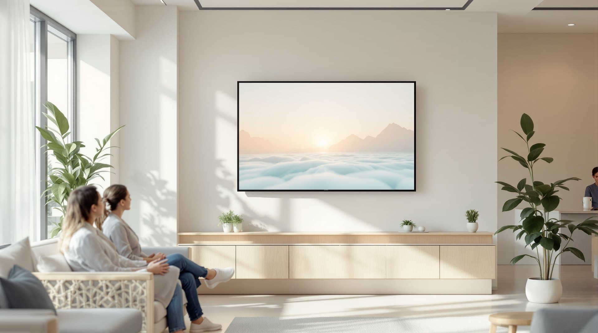 Dental office waiting room with a calm PiAds screen on the wall