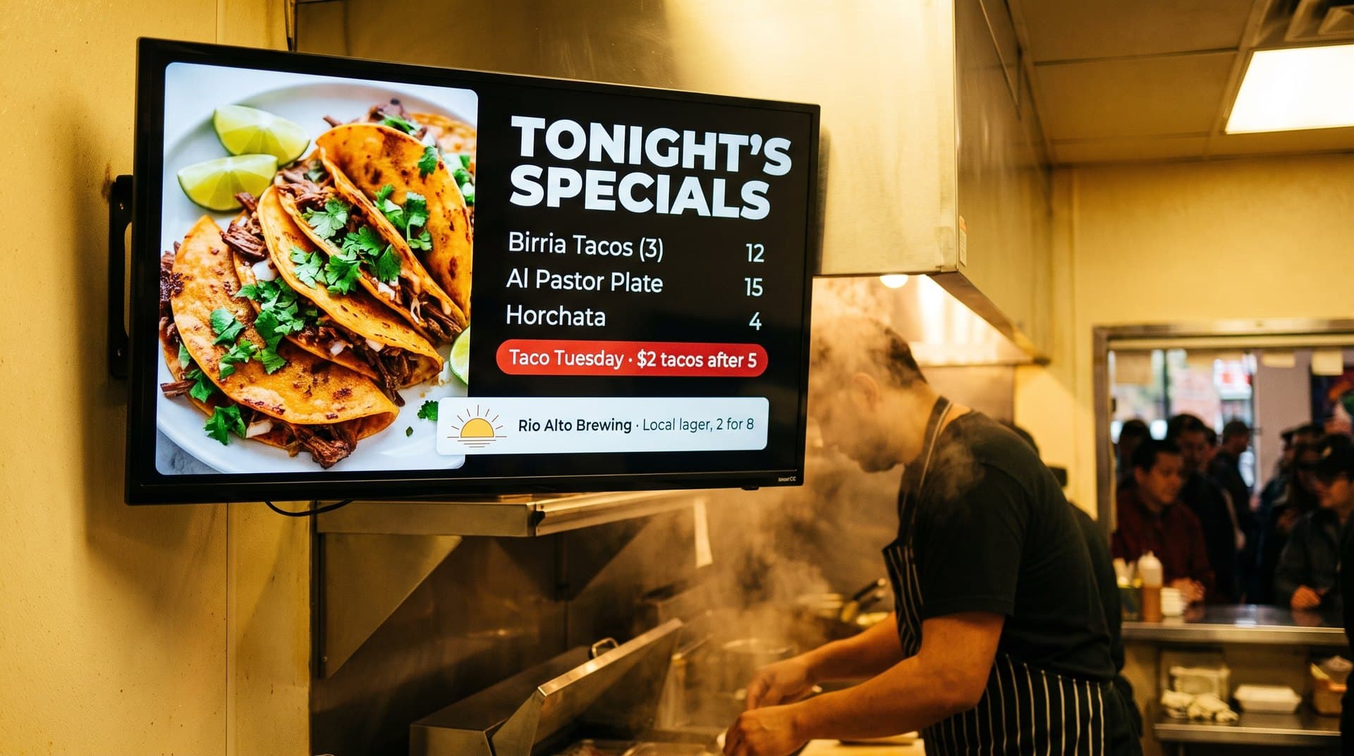 Menu board with tonight's specials and a local brewery ad card