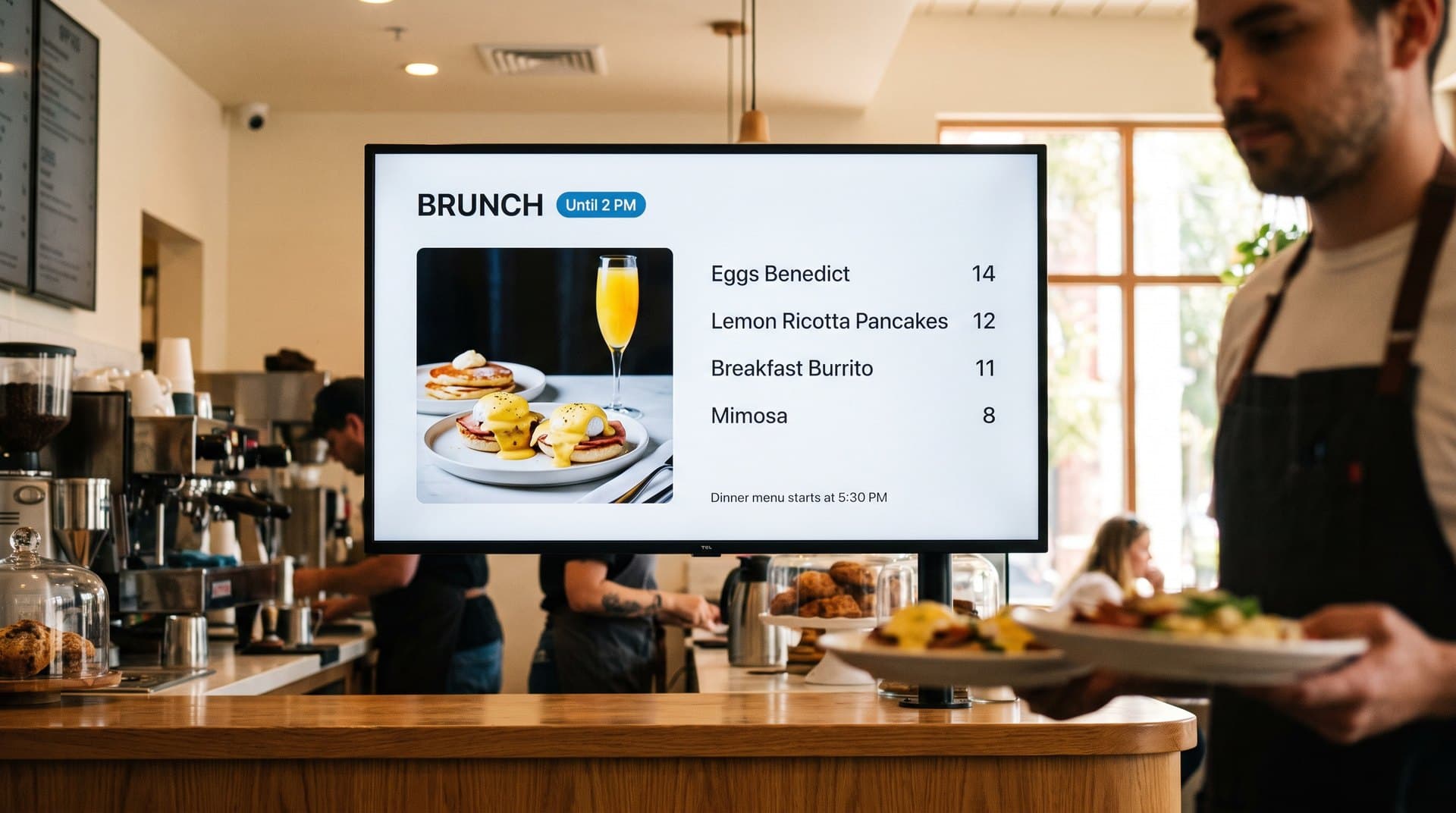 Restaurant menu board showing the brunch menu until 2 PM