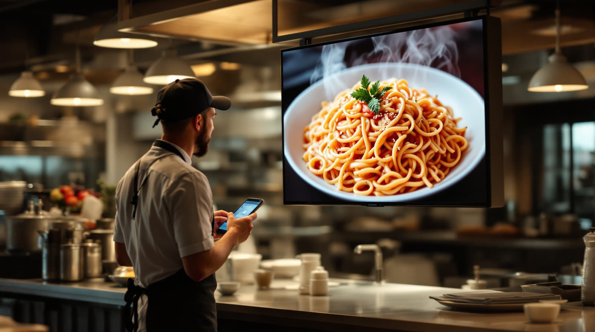 Line cook pulling a sold-out item from the menu board with a phone