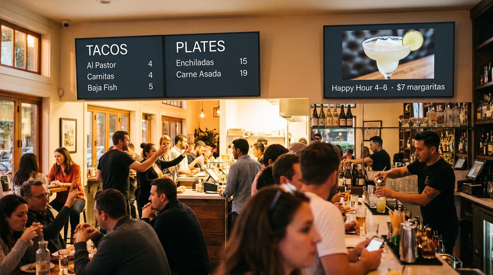 Restaurant with two menu boards over the counter and a bar screen