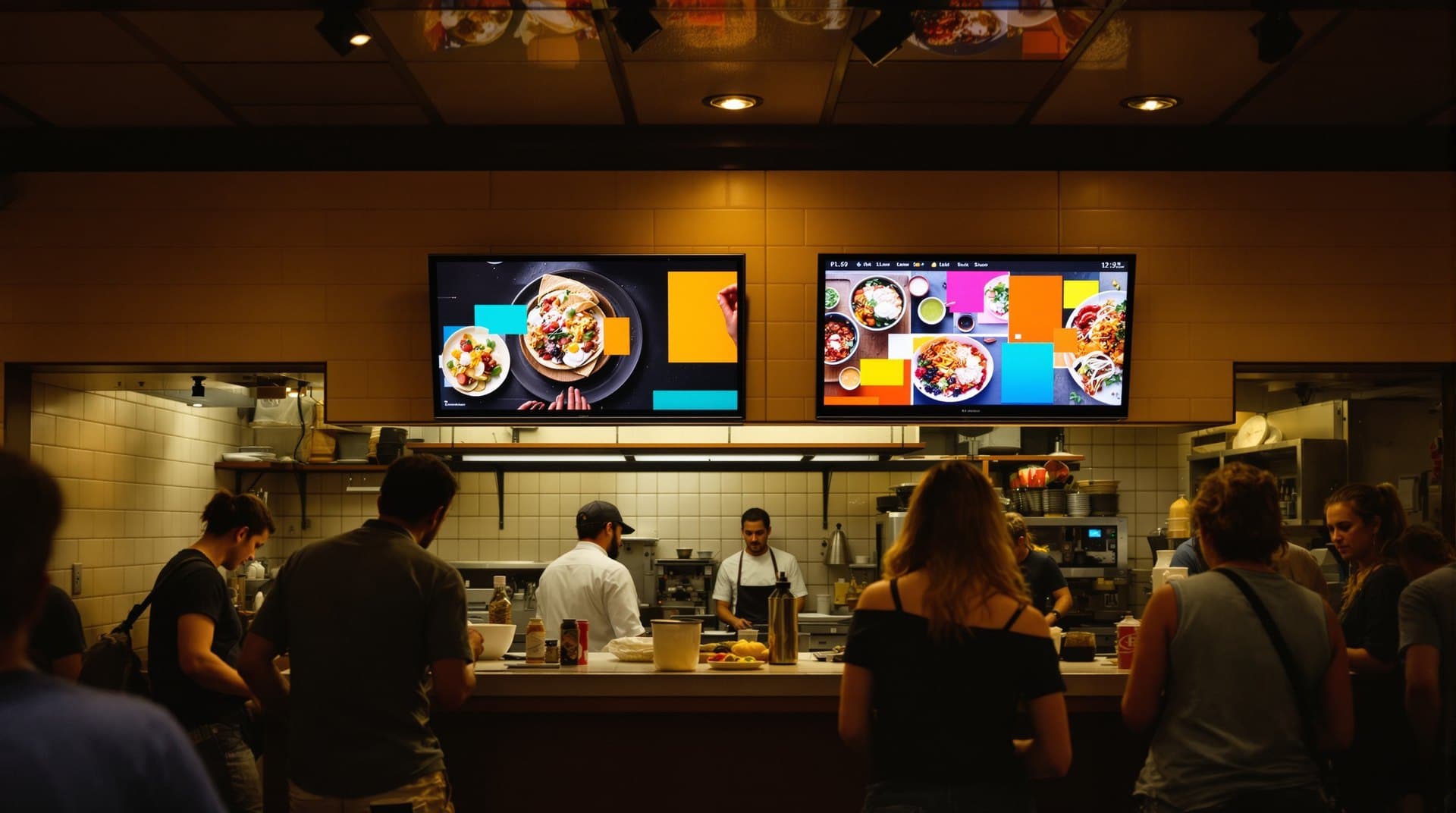 Neighborhood restaurant with digital menu boards over the counter