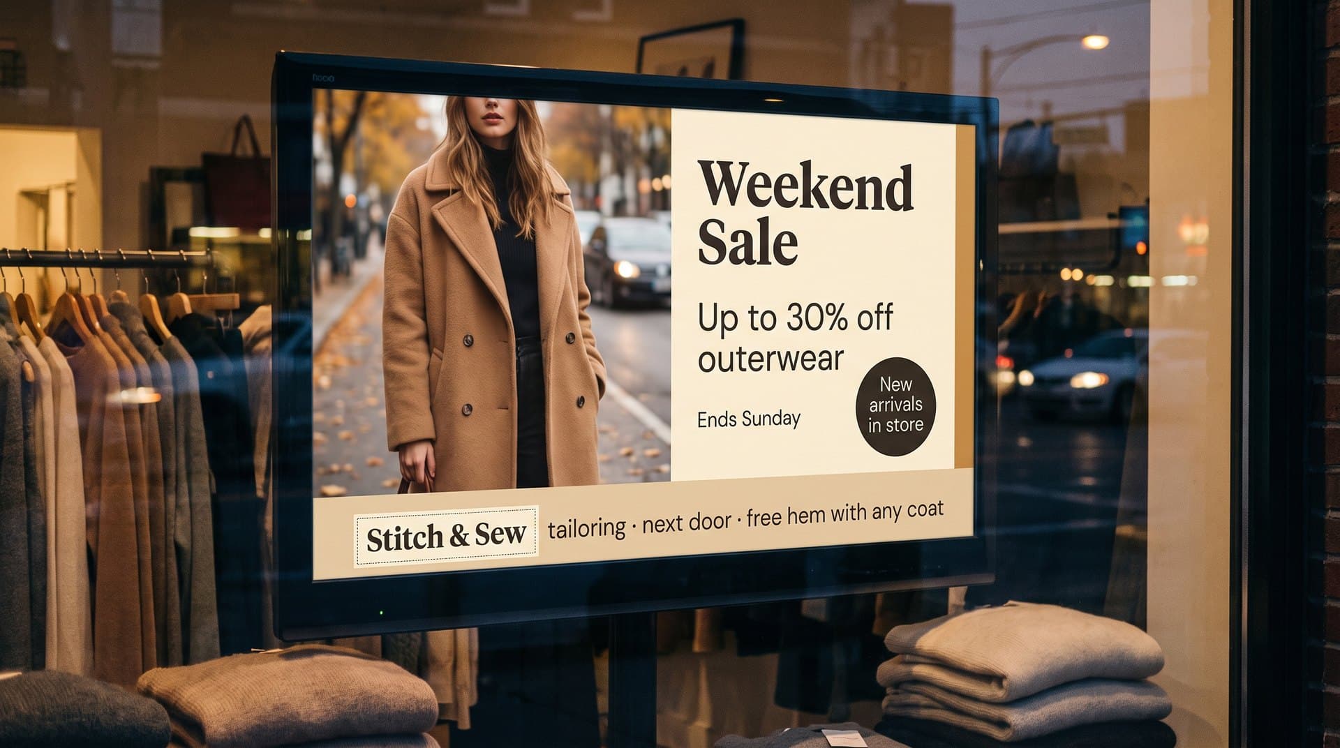 Close-up of a window screen showing a weekend sale and new arrivals