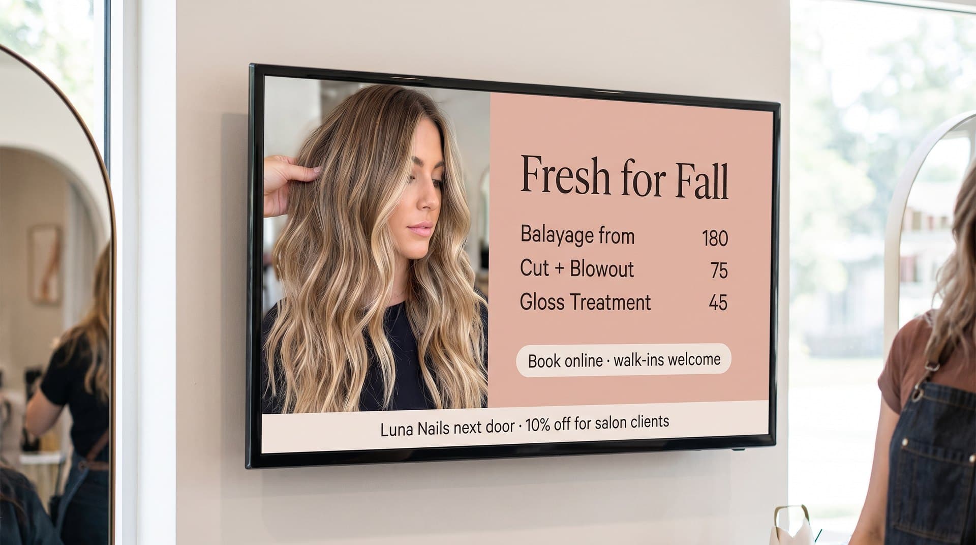 Close-up of a salon screen with the service menu and prices