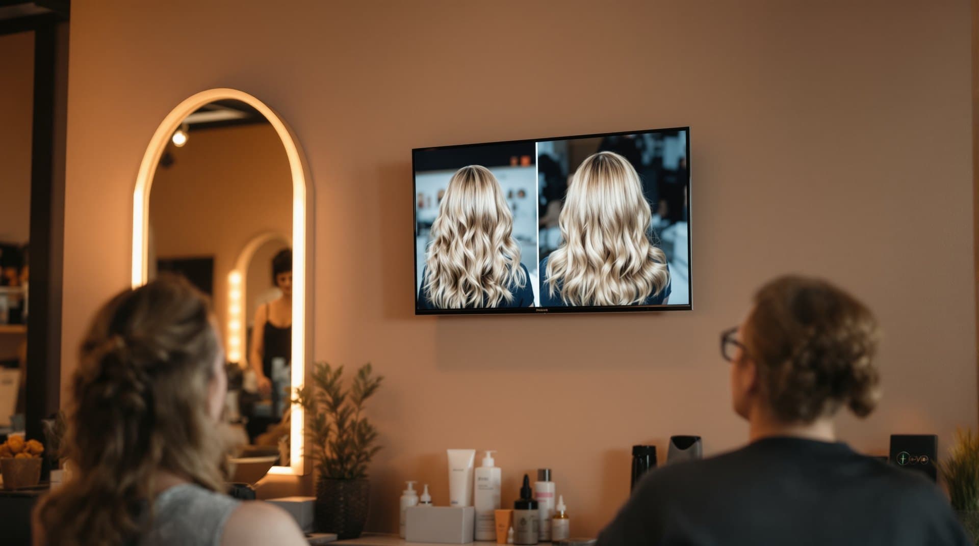 Stylist and client looking at a before-and-after on the salon screen