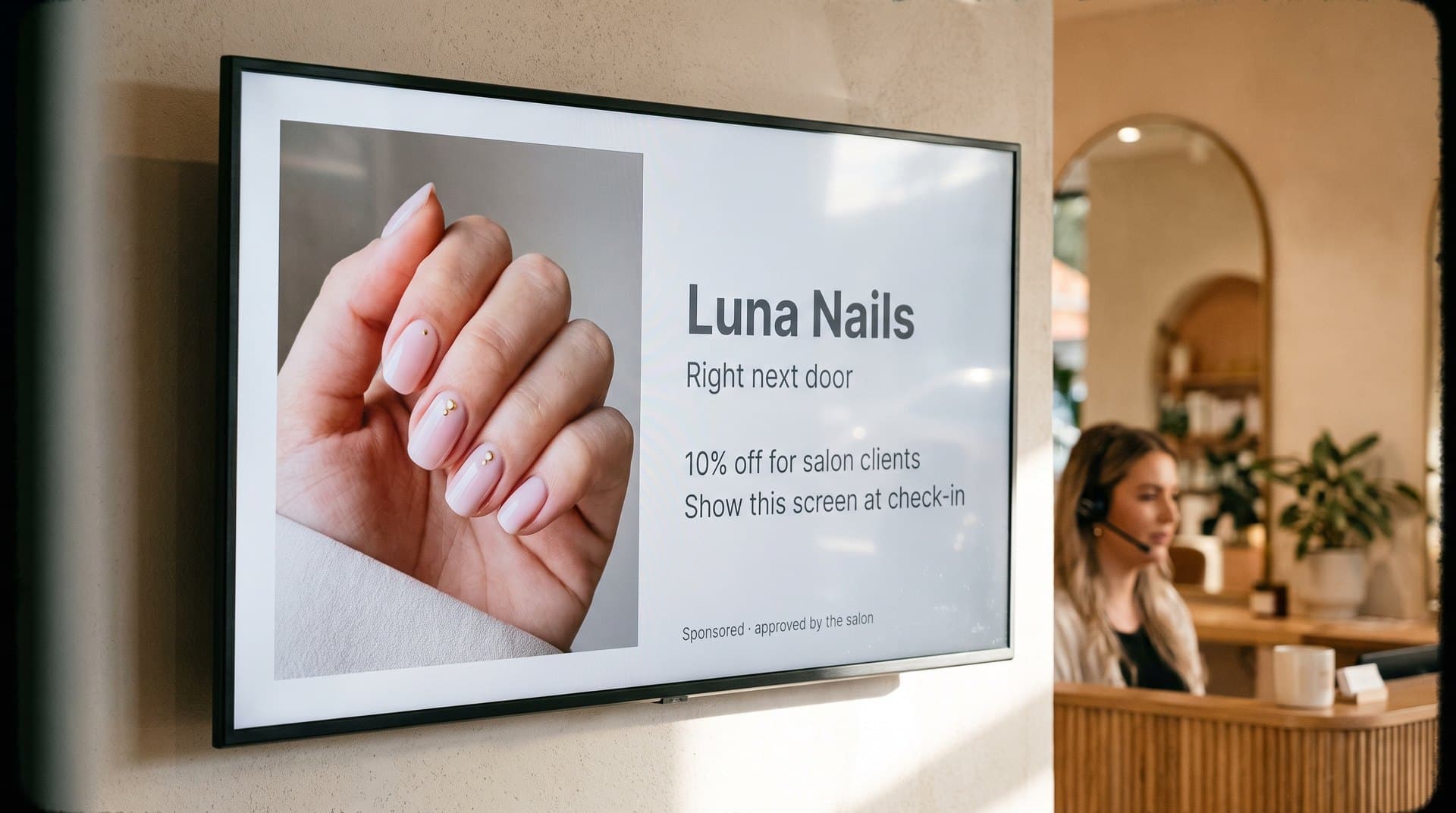 Salon screen running an approved ad for the nail studio next door