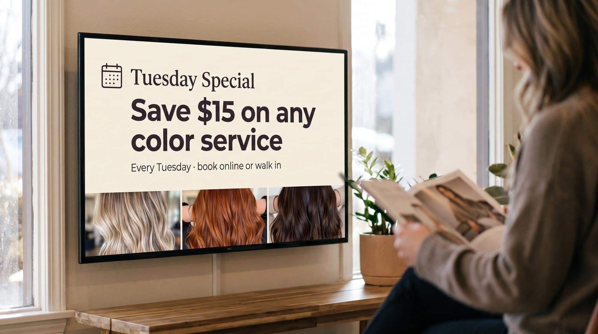 Salon waiting-area screen showing a Tuesday color special
