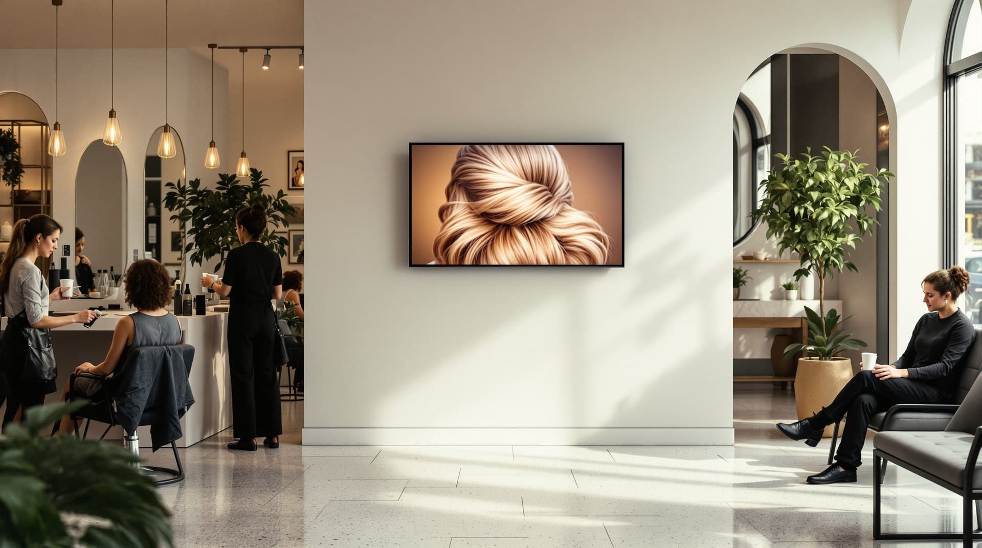 Hair salon with a PiAds screen near the reception desk