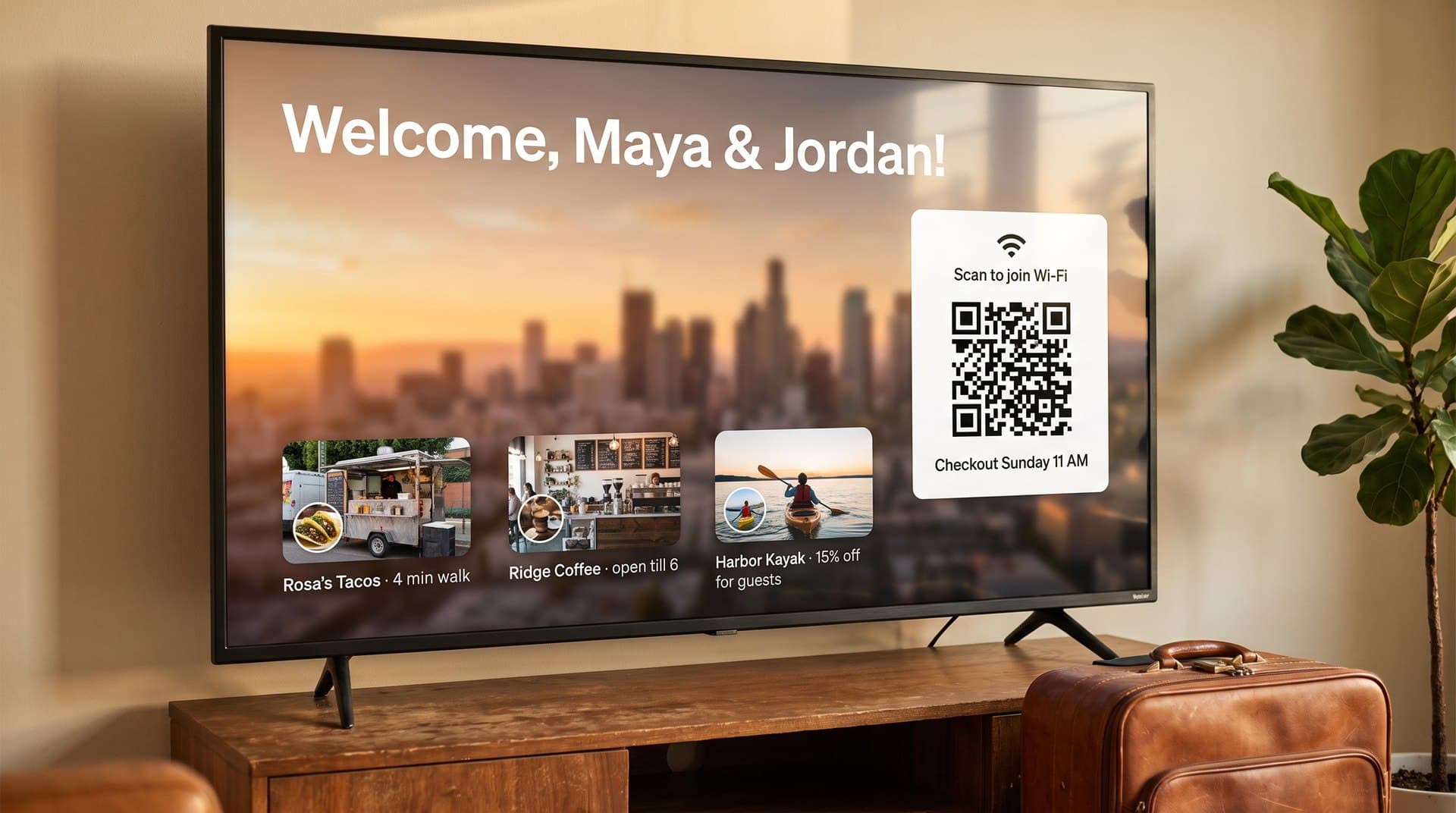 Rental welcome screen with the guests' names, a Wi-Fi QR code, and local recommendations