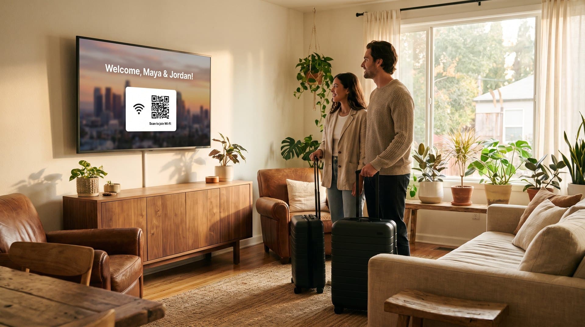 Guests arriving at a short-term rental greeted by a welcome screen on the living-room TV