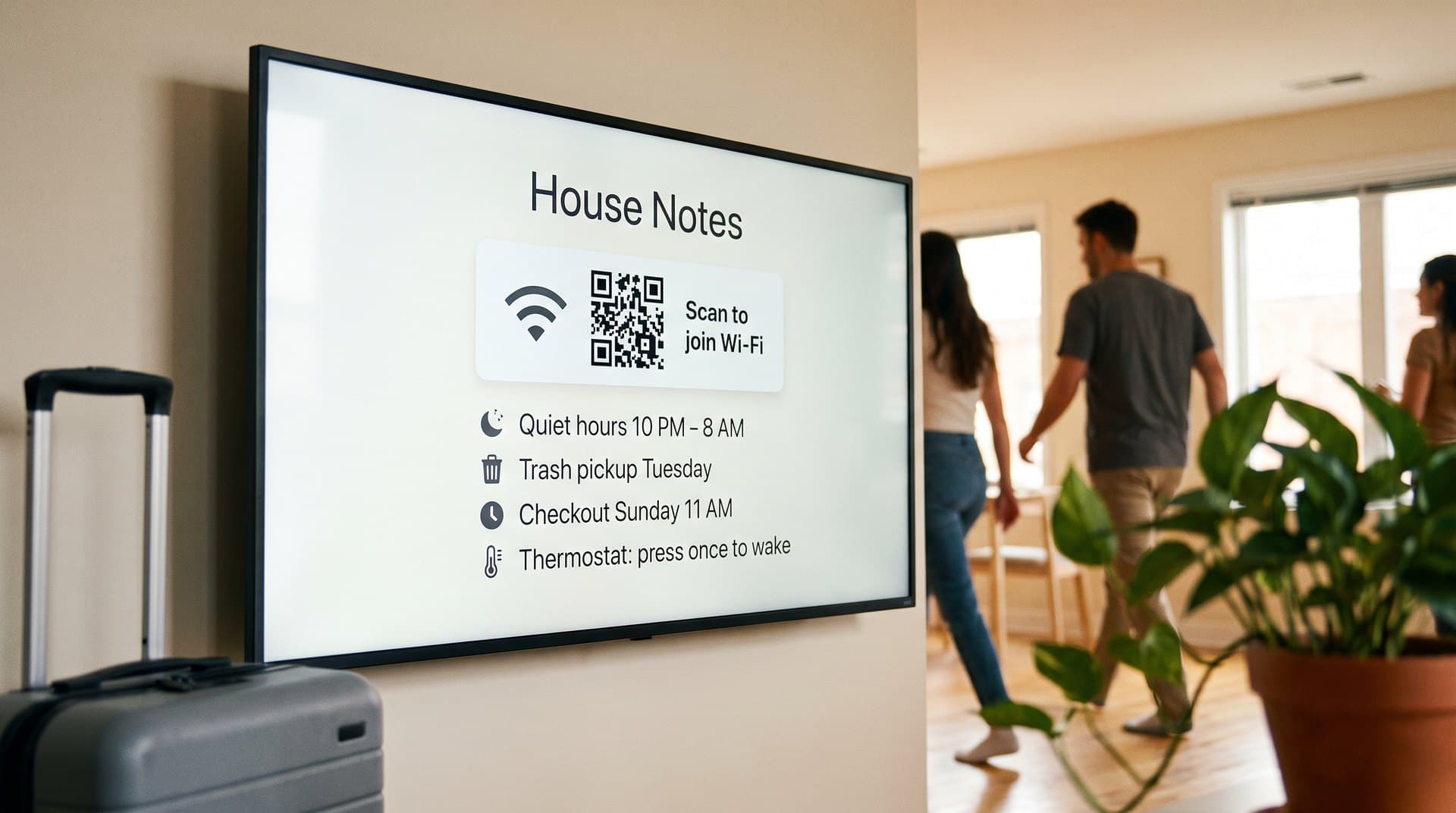 Rental screen with house notes: Wi-Fi QR code, quiet hours, trash day, and checkout
